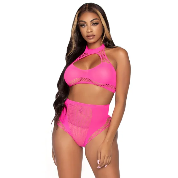 2 Pc. Net Crop Top and High Waist Bottoms - One Size - Neon Pink