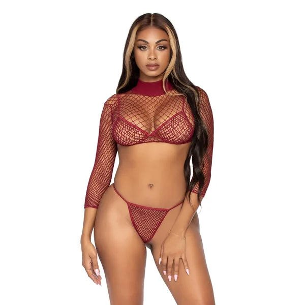 3 Pc Industrial Net Bikini Top G-String and Long Sleeved Crop Top - One Size - Burgundy