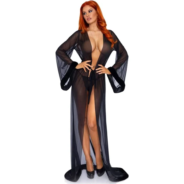 3pc Fur Trimmed Robe Set - Black - One Size