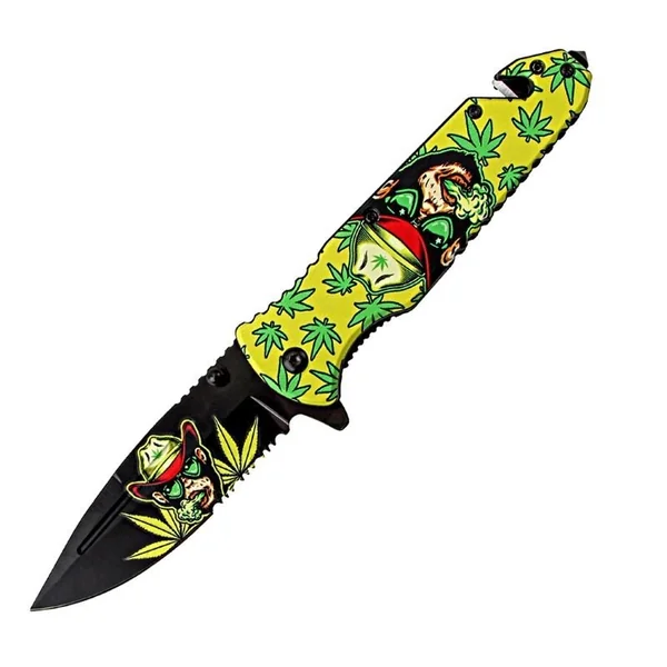 8.5″ Monkey Design Yellow Handle Spring Assisted Folding Knife W