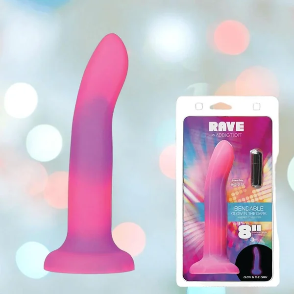 Addiction Rave Glow-in-the-Dark Bendable Vibrating Dong - Pink Purple 8"