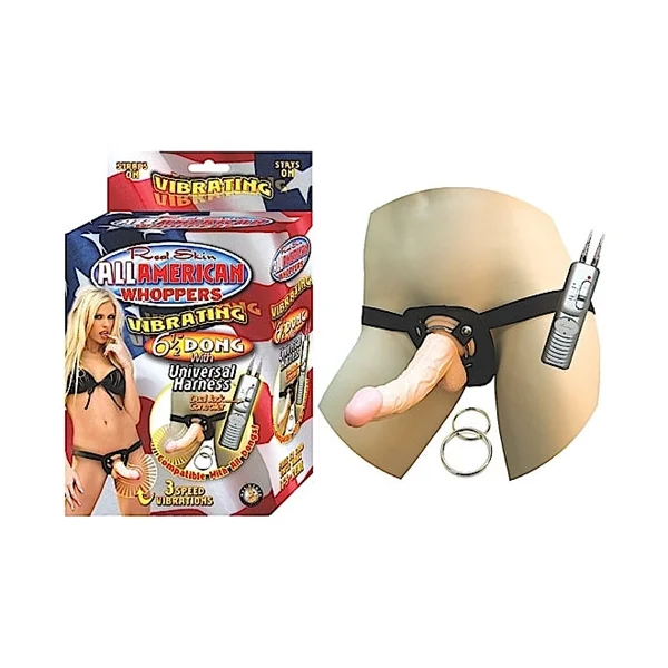 All American Whoppersvibrating 6.5-Inch Dong With Universasl Harness - Flesh