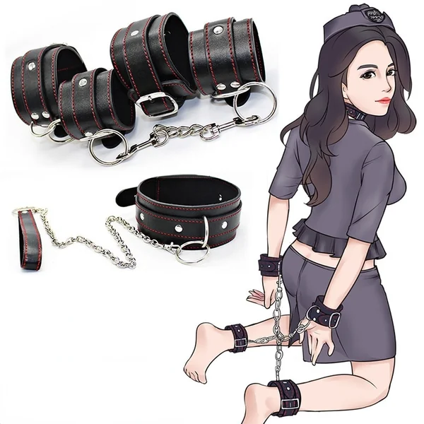 Alternative Training Leather Handcuffs Shackle Collar Bundle Couple Training Passion Sexy Toy Adult Sex Toys Sex Restraint Set