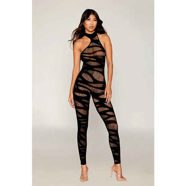 Asymmetrical Knitted Bodystocking w/Slash Design - Black O/S