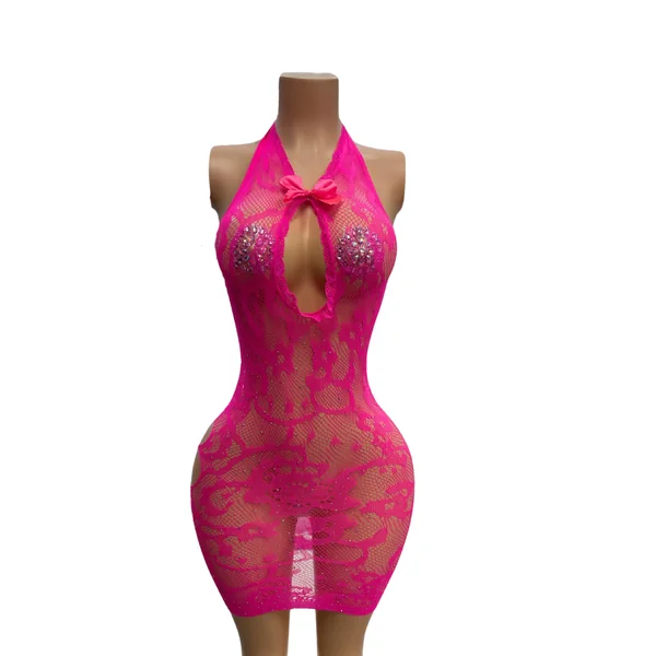 Bow Tie Fishnet Short Dress With Rhinestone 015