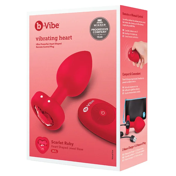 b-Vibe Vibrating Heart Jewel Plug - Red M/L