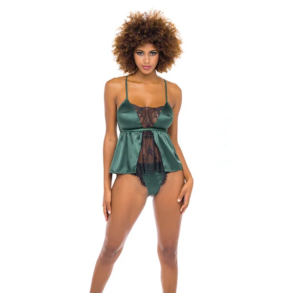Cammi Eyelash & Satin Cami W/tanga Panty Dark Green/black