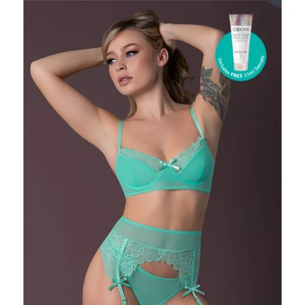 CARIBBEAN CRUSH BRA & GARTER THONG SET AQUA GLOW L/XL