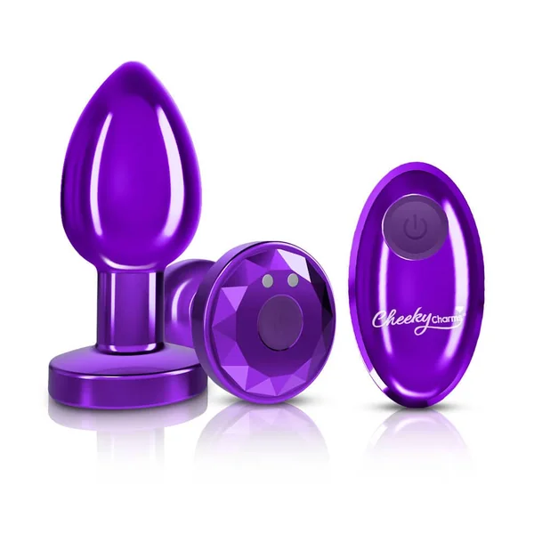 Cheeky Charms - Rechargeable Vibrating Metal Butt Plug With Remote Control - Purple - Medium - Preorder Only