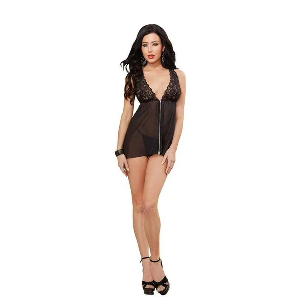 Chiffon Zip Front Babydoll and Thong - Medium - Black