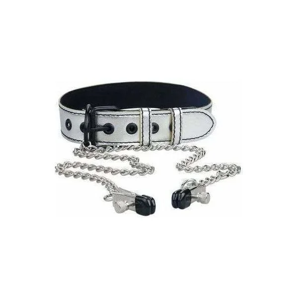 Collar With Clamps - Bondage Fetish - Metallic Silver