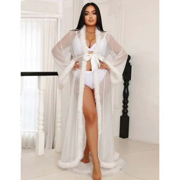 ComeOn Dear – Robe Mesh with Fur Trim Long – White – Queen