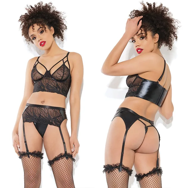 Coquette Longline Bra Garter Belt & G-String Set - Black Large