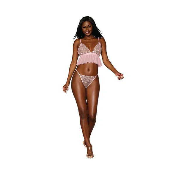 (D) HEART SHAPED EMBROIDERY PA & BRALETTE SET CANDY PINK O/S