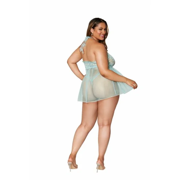 (D) STRETCH LACE BABYDOLL SET RUFFLE TRIM MINT Q/S