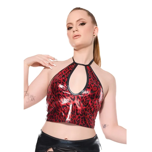 Darque Metallic Wet Look Keyhole Halter Top - Red/Black