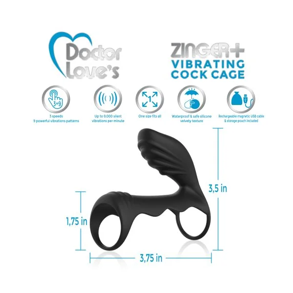 DOCTOR LOVE ZINGER+ VIBRATING RECHARGEABLE COCK CAGE BLACK