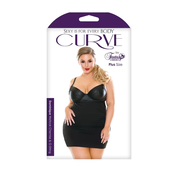 Dominique Wetlook Chemise & G-String - Black - 1x-2x