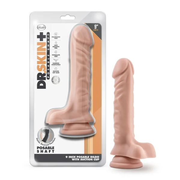 DR SKIN PLUS 9IN POSABLE DILDO W/ BALLS VANILLA