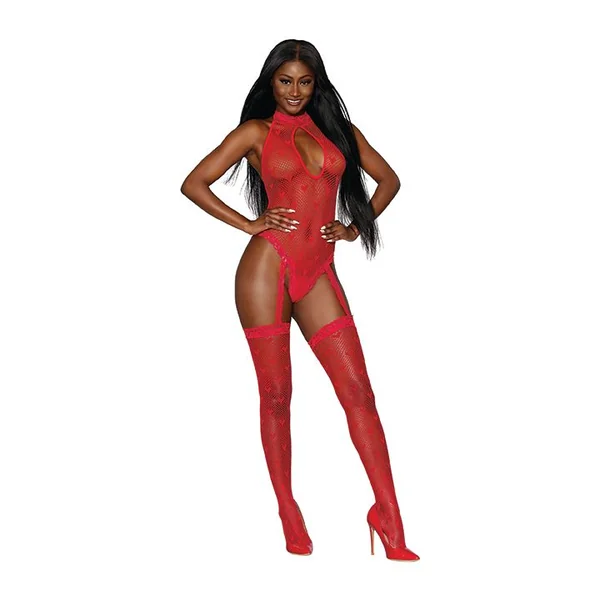 (D)SEAMLESS HEART FISHNET BODYSTOCKING LIPSTICK RED O/S