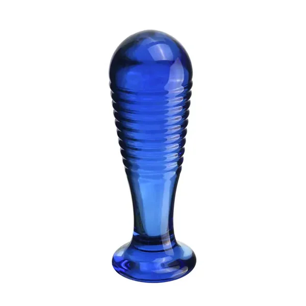 Elegant Blue Glass Threaded Anal Plug G-Spot Stimulation Ribbed Design