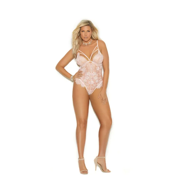 Elegant Moments Eyelash Lace Slip On Teddy With Strappy Front Detail, Adjustable Straps And Clip Closure