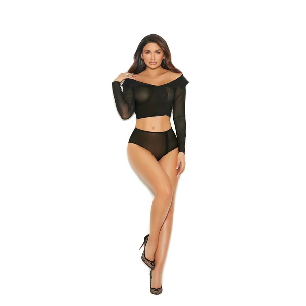 Elegant Moments Off The Shoulder Long Sleeve Mesh Top With Collar, Buttons And Matching High Waisted Panty With Ruched Back