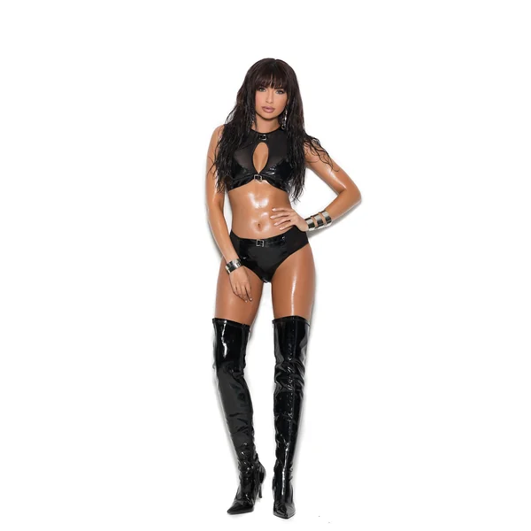Elegant Moments Vinyl And Fishnet Cami Top And Matching Panty With Buckles