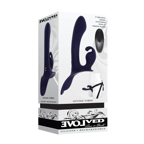 Evolved Giving Vibes Strap-On Bunny Eared Stimulator w/Remote Control - Purple
