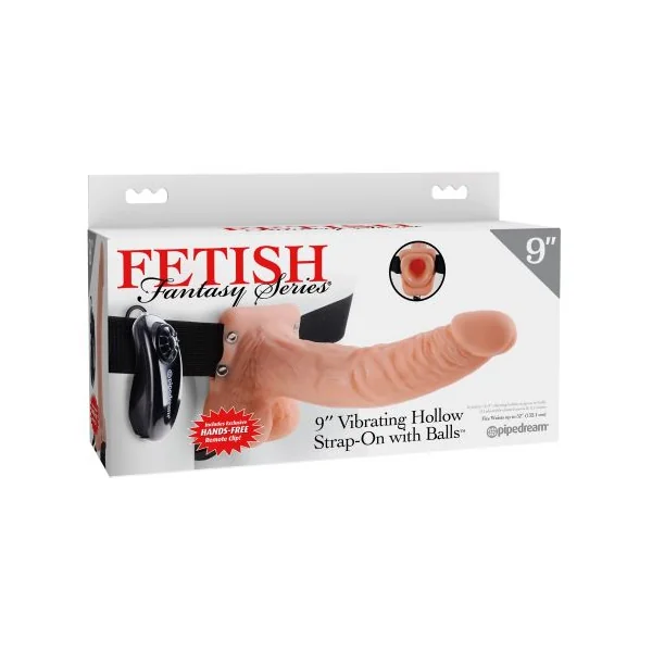 FETISH FANTASY 9 VIBRATING HOLLOW STRAP ON W/BALLS FLESH “