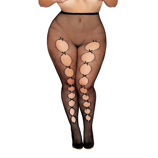 Fishnet Pantyhose w/Back Seam & Satin Bows - Black QN