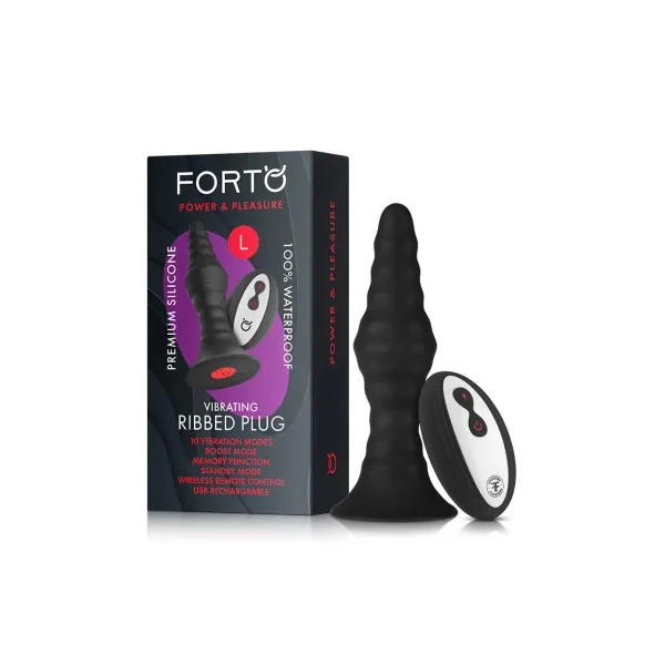 Forto Vibrating Ribbed Plug Rechargeable Remote-Controlled Silicone Anal Plug, Large, Black
