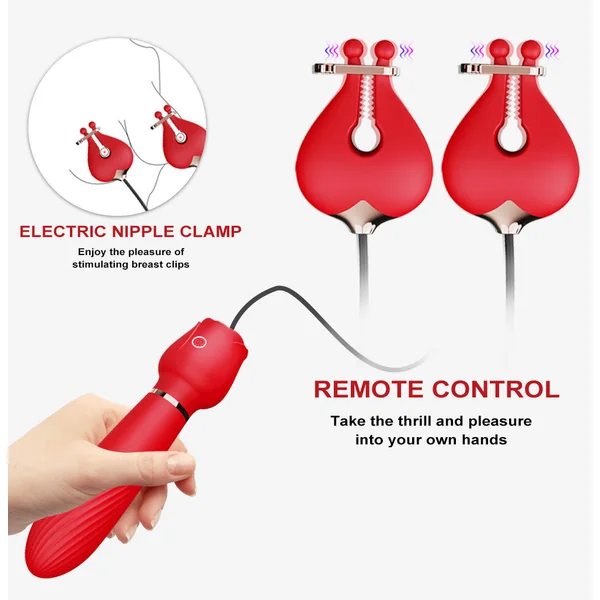 G Spot Vibrating Dildo Double Nipple Clamps Vibrator - 2-in-1 Rose Sex Toy for Women