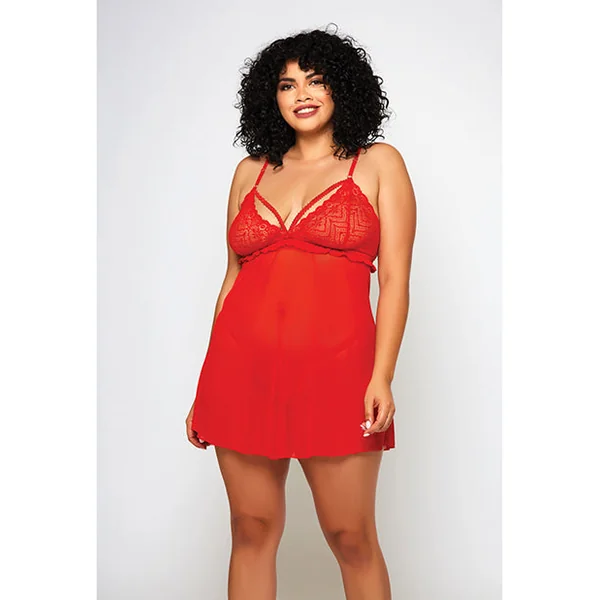 Galloon Lace & Fine Mesh Babydoll & G-string Red
