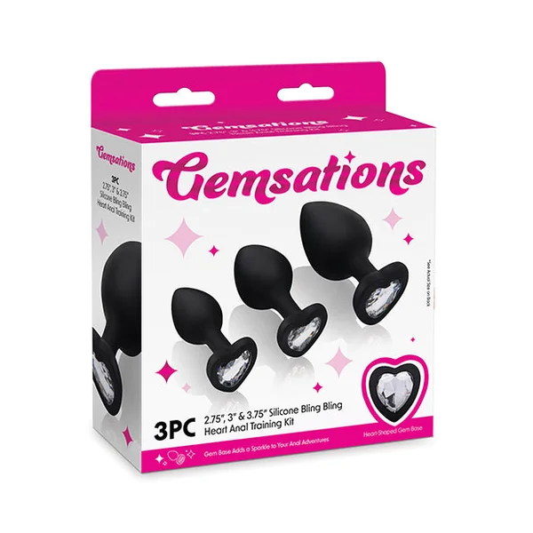Gemsations 3 pc 2.75" & 3.15" & 3.7" Silicone Bling Bling Heart Butt Plug Training Set - Black