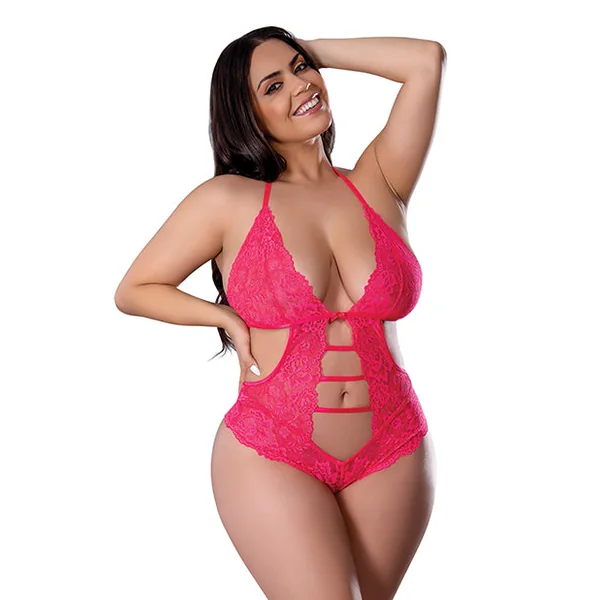 Get It Girl Lace Halter Teddy w/Snap Crotch - Pink QN