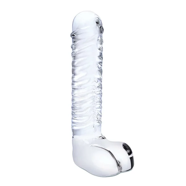 Glas 8 Inch Realistic Ribbed Glass G-Spot Dildo With Balls