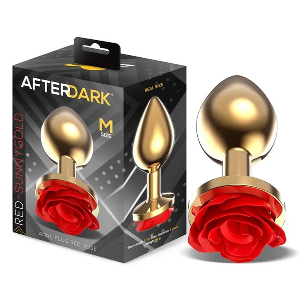 Golden Metal Anal Plug with Red Rose Base – Size M
