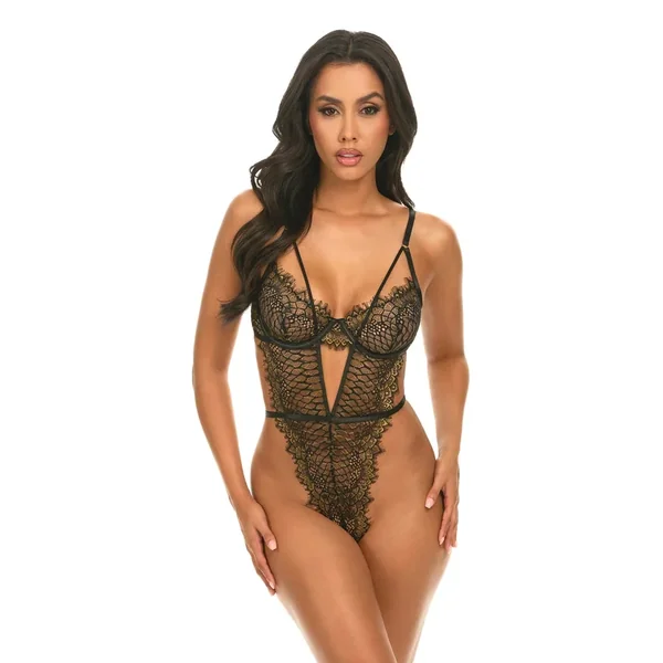 Greta Snake Eyelash Lace Teddy – Black/Gold