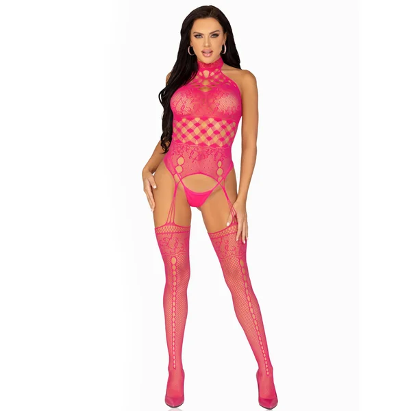 High Neck Halter Hardcore Net and Lace Suspender Bodystocking - One Size - Raspberry
