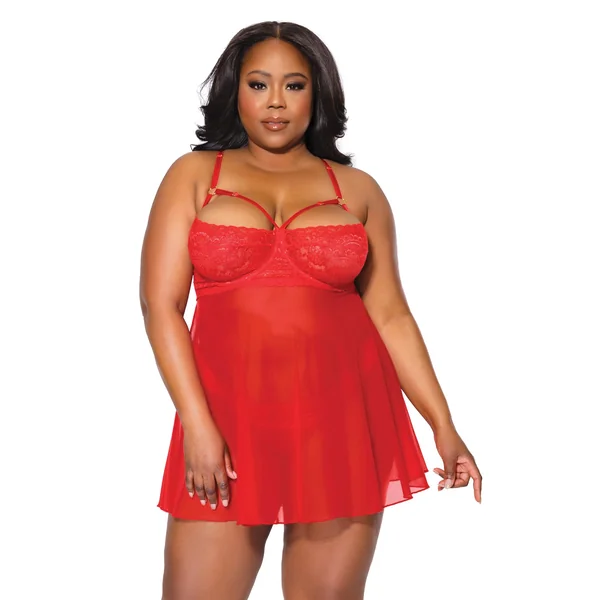 Holiday Scallop Stretch Lace & Mesh Babydoll & Thong Red/gold