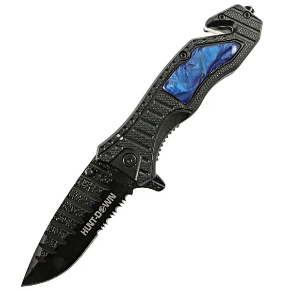 Hunt-Down 8.5″ Blue spring assisted folding knife Belt Cutter Gl