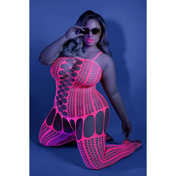 Hypnotic Crisscross Stripe Bodystocking - Queen - Neon Pink