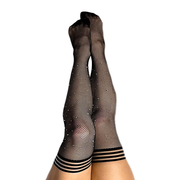 Kix'ies Angelica Fishnet Rhinestone Thigh High Black D