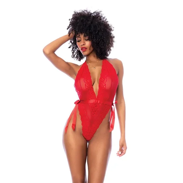 Lace Deep-V Halter Teddy w/Hook and Eye Crotch Closure – Red