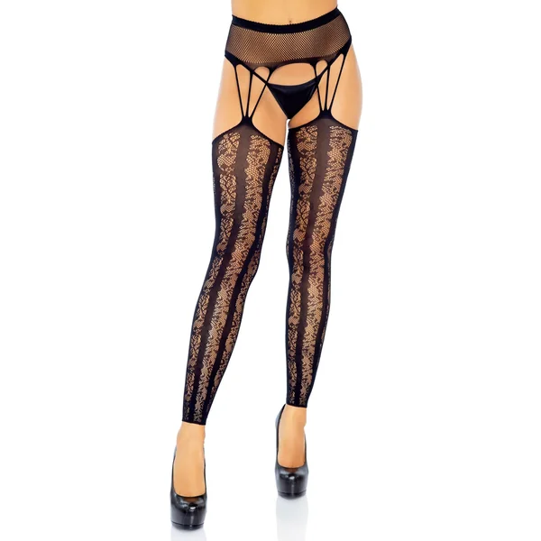 Lace Footless Stockings With Attached Fishnet Garter Belt - Black