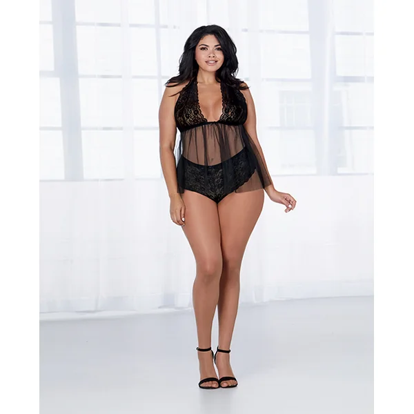 LACE & MESH HALTER BABYDOLL BLACK QUEEN