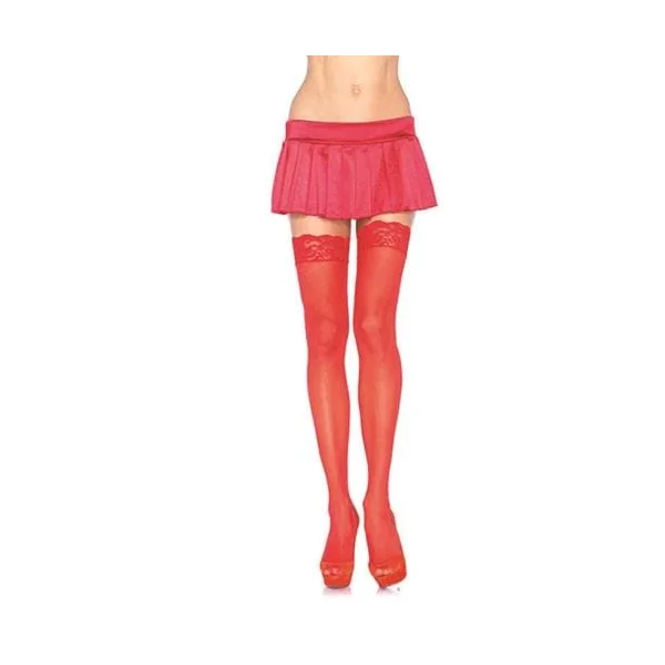 Lace Top Sheer Thigh High - One Size - Red