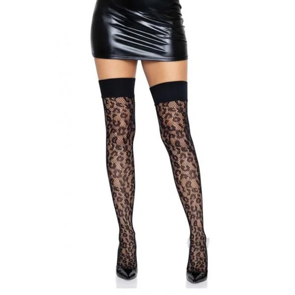 Leopard Net Thigh High With Wide Band Top - One Size - Black