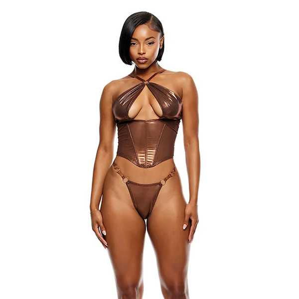 Liquid Metal Metallic Mesh Bustier w/G-String 2 pc Set - Metallic Copper LG